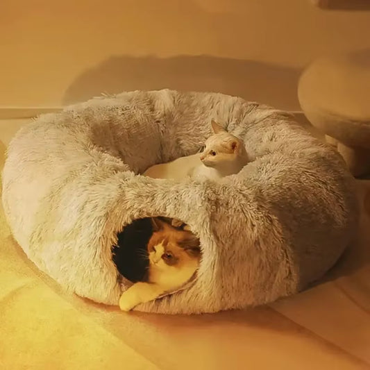 Multifunctional Plush Cat Bed with Tunnel and Peephole for Indoor Cats