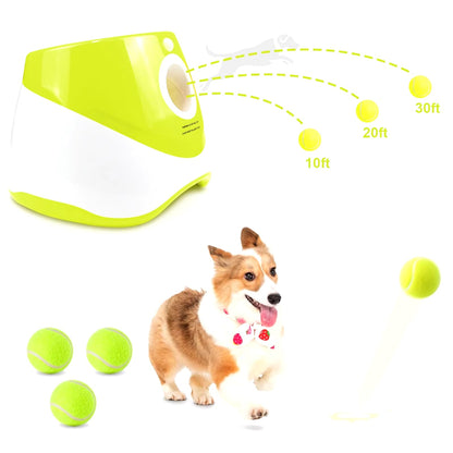 Dog Ball Launcher with Adjustable Distance and 3 Interactive Tennis Balls for Indoor and Outdoor Play